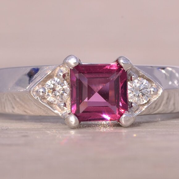 Carre Cut Natural Pink Tourmaline and Diamond Ring in White Gold
